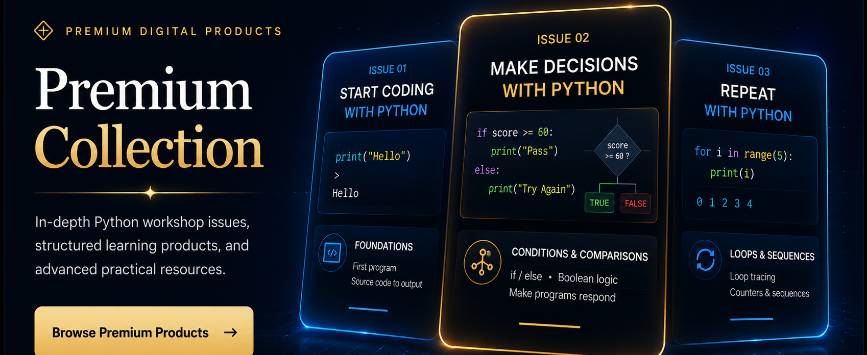 Premium Collection banner showing Python workshop issues for coding, decisions and repetition