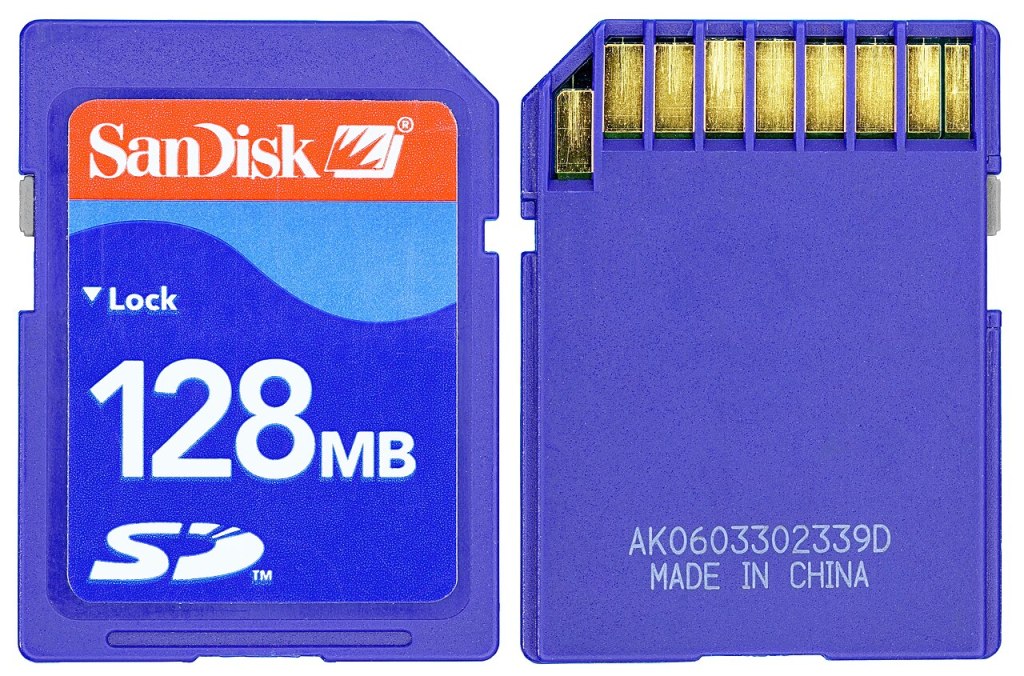 A full-size SanDisk SD memory card photographed against a plain background