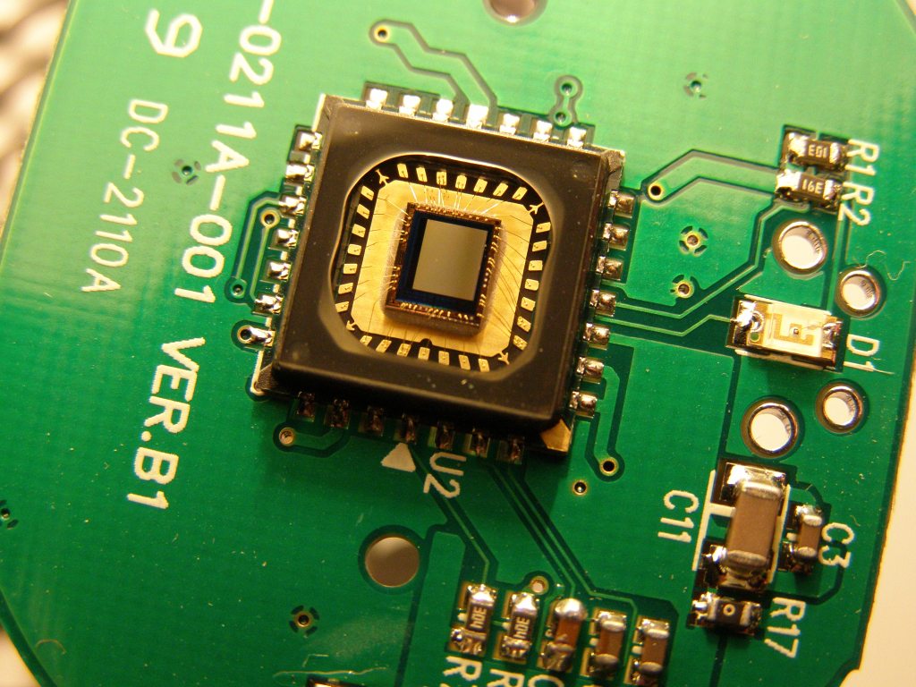 Close-up photograph of an image sensor mounted on a camera circuit board