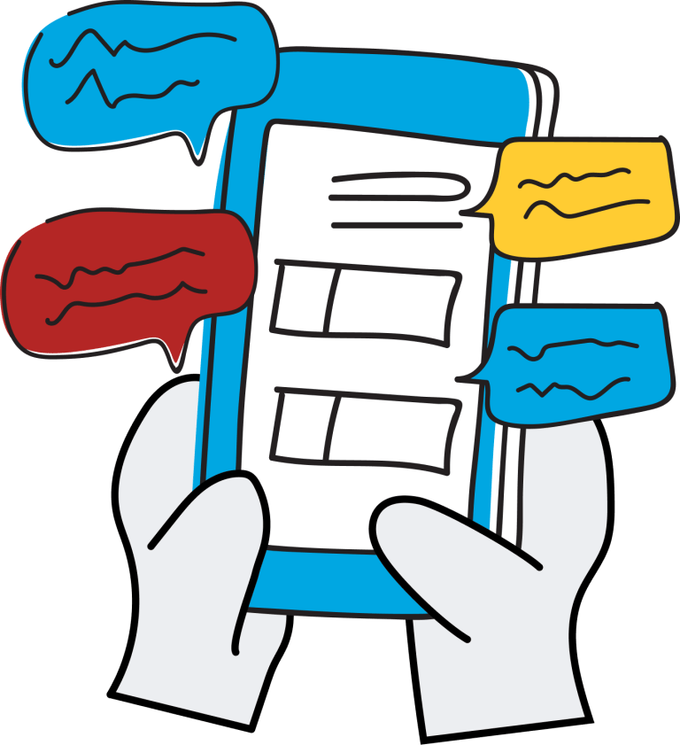 Illustration of a person using a smartphone with multiple chat bubbles around the screen