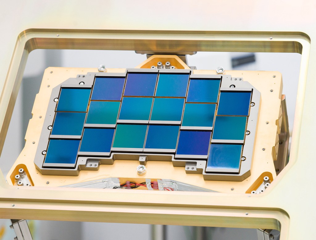 Eighteen detector modules mounted in an engineering test unit for Roman's Wide Field Instrument focal plane