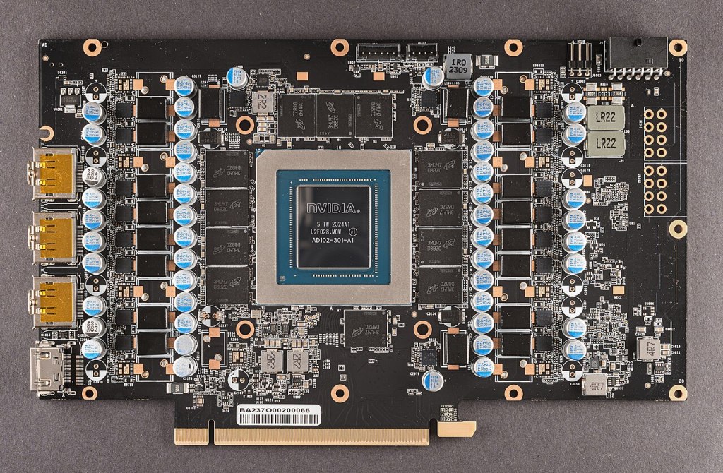 Close-up photograph of an NVIDIA GeForce RTX 4090 graphics card PCB and GPU