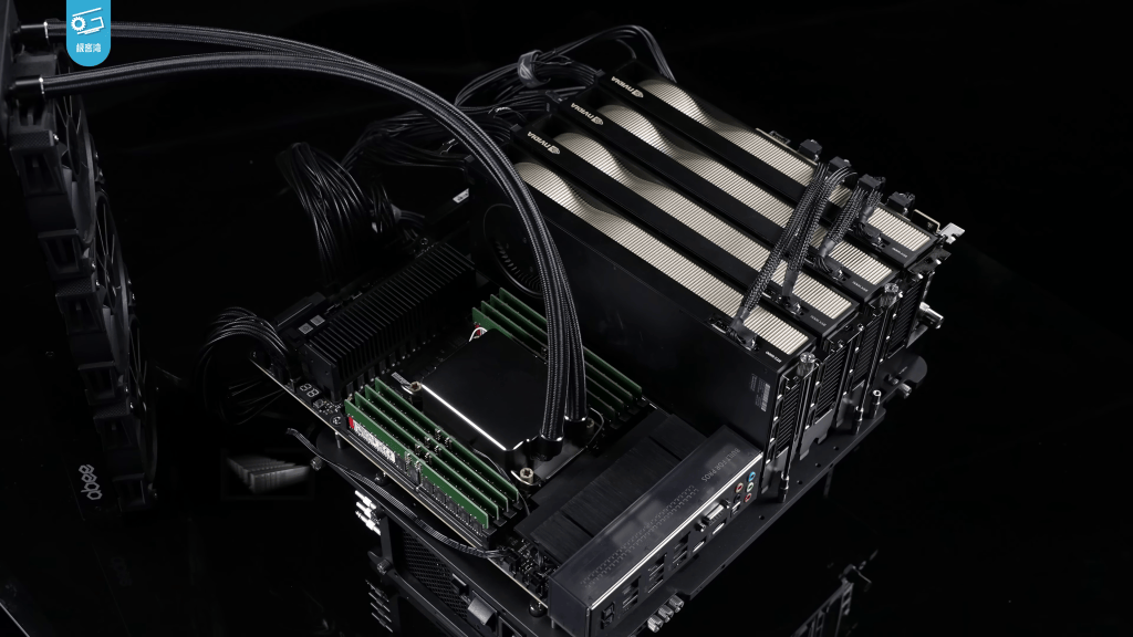 Four NVIDIA RTX 6000 Ada graphics cards installed in a high-performance computer