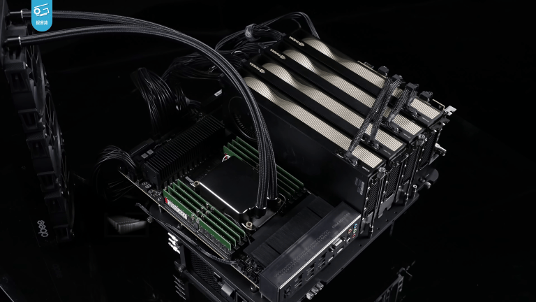 Four NVIDIA RTX 6000 Ada graphics cards installed in a high-performance computer
