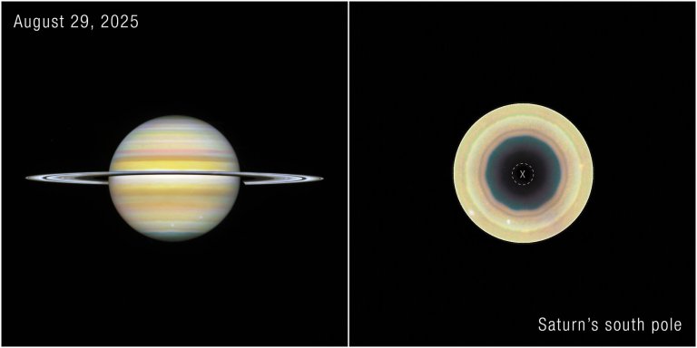 Hubble views of Saturn and its south pole showing a newly identified 10-sided atmospheric wave