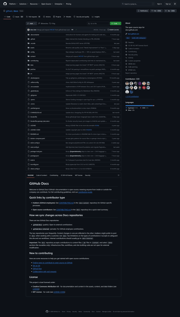 GitHub repository page showing the github/docs project