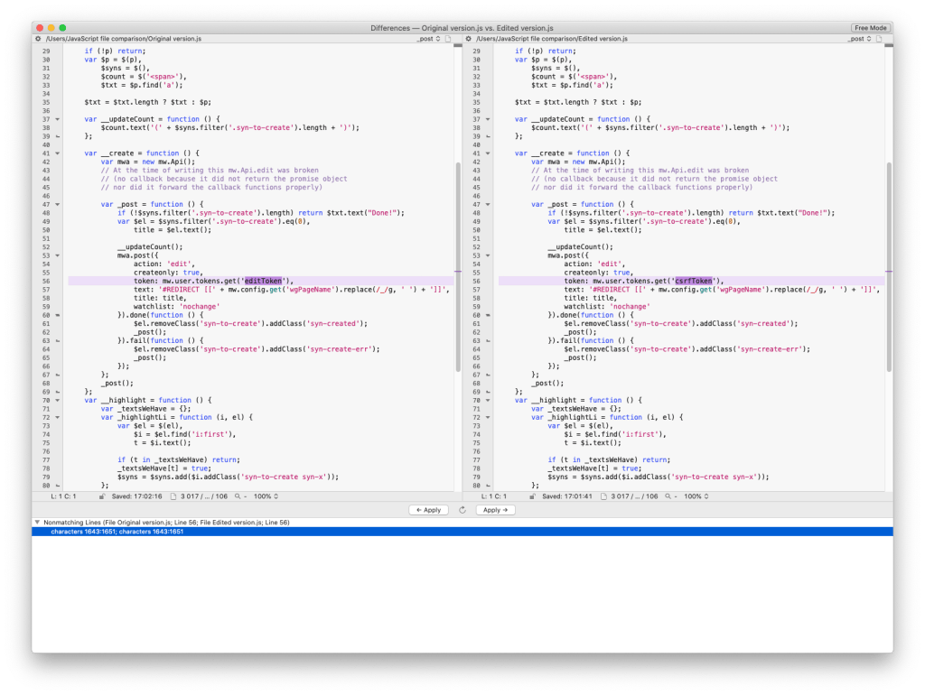Side-by-side comparison of two JavaScript source files